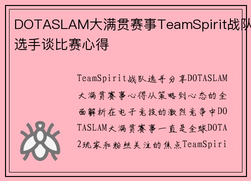 DOTASLAM大满贯赛事TeamSpirit战队选手谈比赛心得