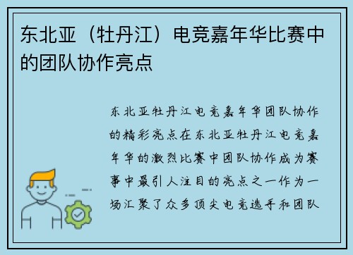 东北亚（牡丹江）电竞嘉年华比赛中的团队协作亮点